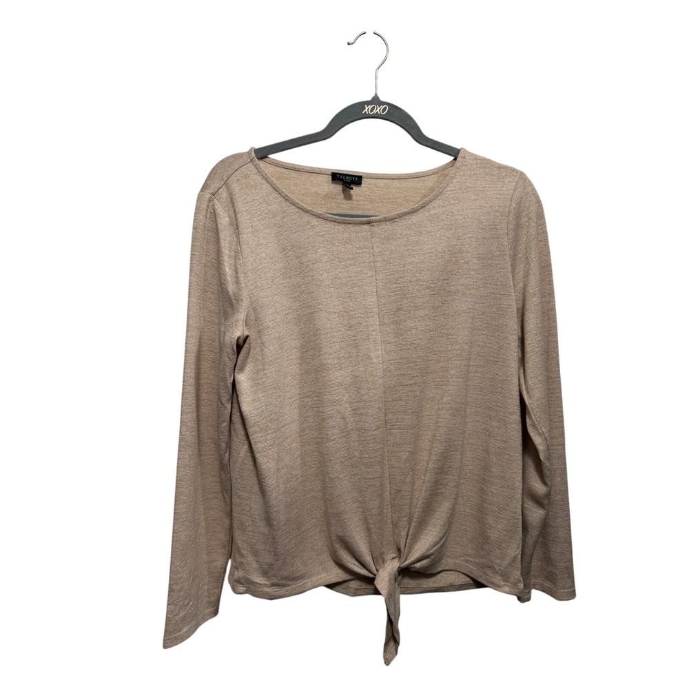 Talbots Petites Knit Tie Front Long Sleeve Top Beige Sparkle gold M Classic glam